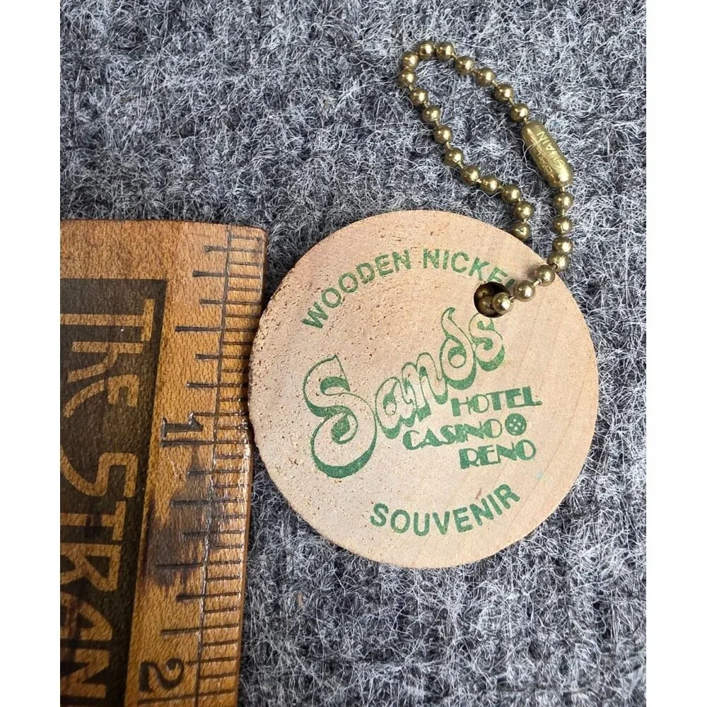 Vintage Sands Hotel Casino Reno Wooden Nickel Keychain Souvenir